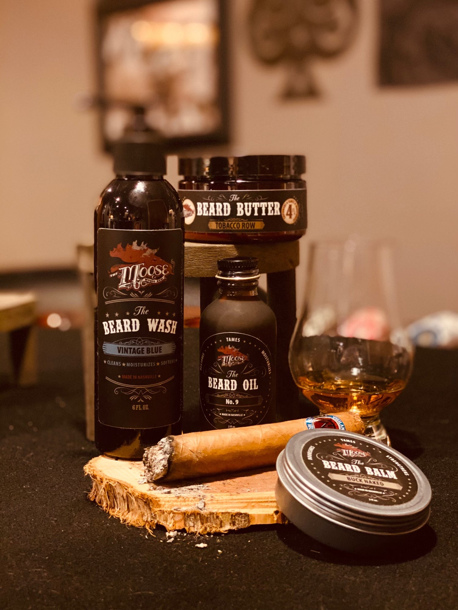 The Moose Men's Grooming Products with cigar and whiskey